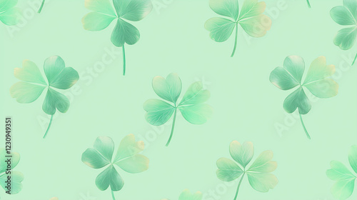 A seamless pattern of vibrant four-leaf clovers on a soft green gradient background, minimalist style, crisp edges, high detail, perfect for St. Patrick’s Day wallpaper 