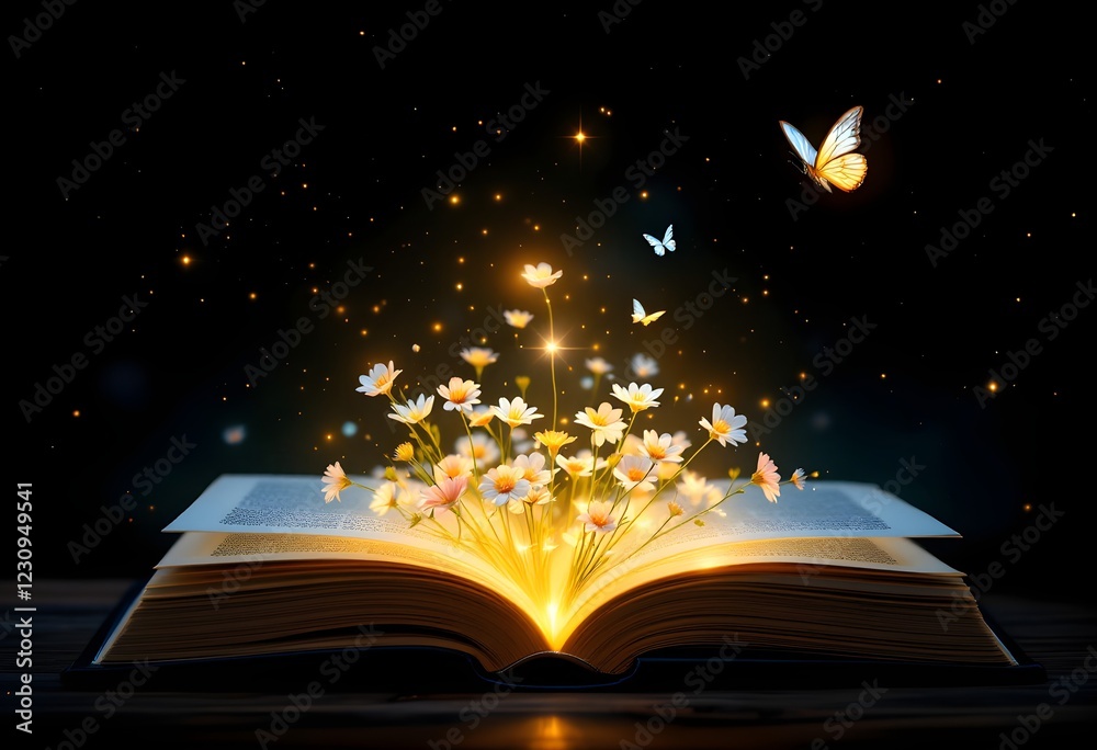 Naklejka premium Magical Flowers Emerge from an Open Book at Night