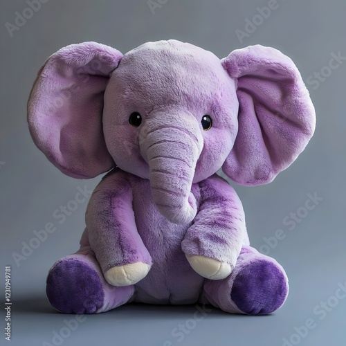A purple stuffed elephant is sitting on a grey surface