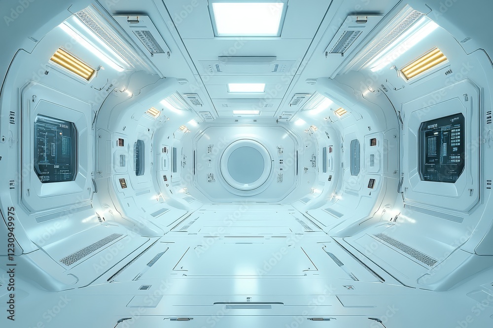 Obraz premium White, empty sci - fi space with light gray, silver tones, circuit board lines and symmetrical composition as futuristic tech background