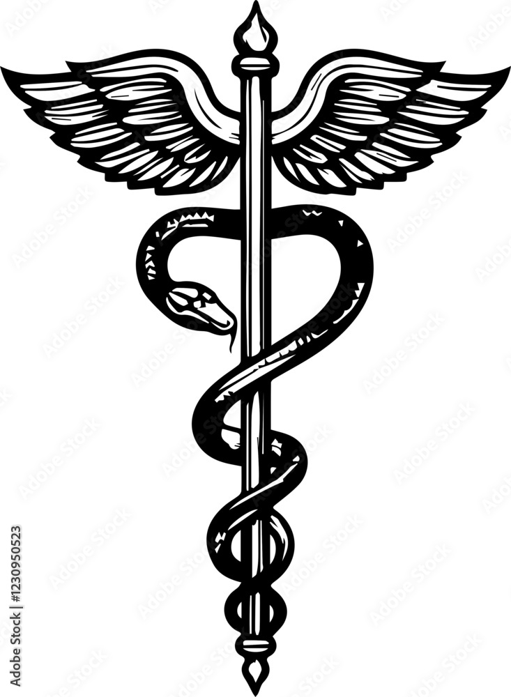Black and White Vector Design of a Divine Staff and Serpent Black and White Vector Design of a Divine Staff and Serpent