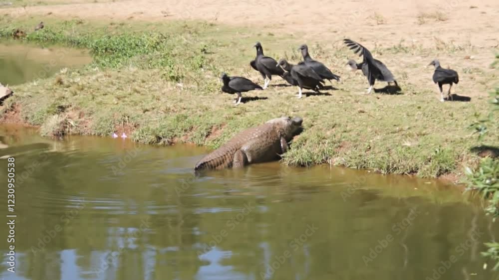 Crocodile coming out of the river near vultures. Crocodile coming out of the river near vultures.