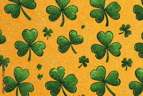 Seamless St. Patrick’s Day Pattern – Cartoon Four-Leaf Clovers on Sparkly Golden Background