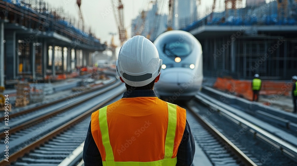 Fototapeta premium Back view of an engineer observing a high-speed train being tested on a newly constructed rail track