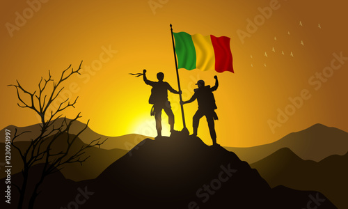 Mali flag, silhouette of two climbers holding a flag at sunset over the mountain