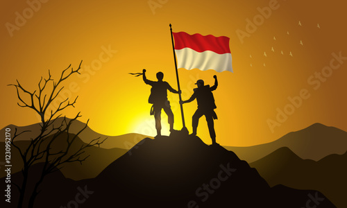 Monaco flag, silhouette of two climbers holding a flag at sunset over the mountain