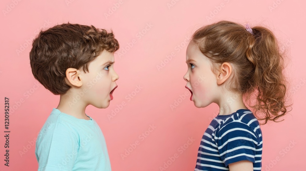 Engaging Children in Playful Argument Against a Soft Pink Background for Modern Family Themes Engaging Children in Playful Argument Against a Soft Pink Background for Modern Family Themes