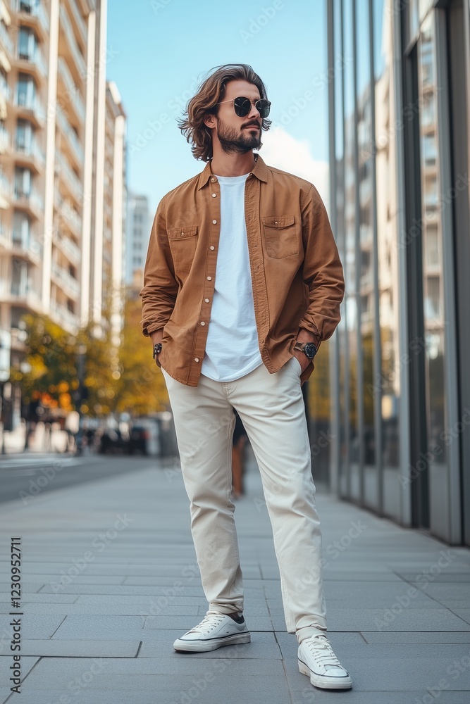 Stylish man posing in the city wearing casual clothing and sunglasses Stylish man posing in the city wearing casual clothing and sunglasses