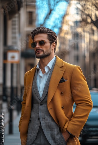 Elegant businessman wearing suit and yellow overcoat walking down the street