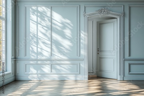 Empty Room with White Walls, Open Door, Classic Trim and Soft Shadow for Ads photo