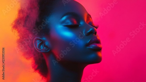 Portrait of a Serene Black Woman with Glitter Makeup in Vibrant Neon Lighting