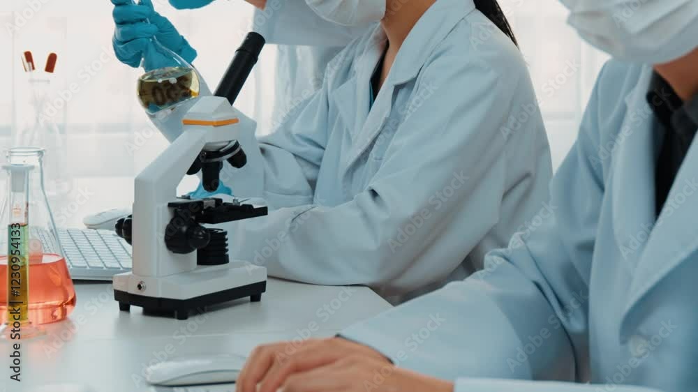 Laboratory healthcare researcher team with scientific expertise, lab equipment, and innovative medical biotechnology software in computer, research new medicines, develop cure. Slow motion. Rigid. Laboratory healthcare researcher team with scientific expertise, lab equipment, and innovative medical biotechnology software in computer, research new medicines, develop cure. Slow motion. Rigid.