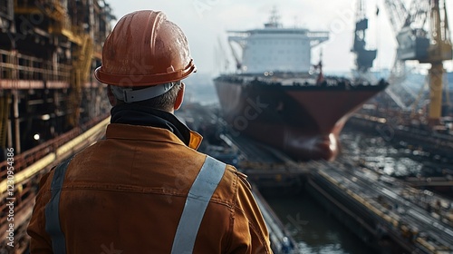 Engineer worker back view inspecting a dry dock with a large ship in the background photo