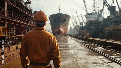 Engineer worker back view inspecting a dry dock with a large ship in the background photo