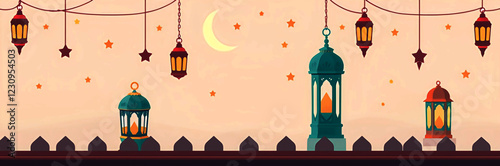 Ramadan Lantern with Crescent Moon and Dates Ramadan Serenity, Minimalist Mosque, Lanterns, and Stars Illustration for Background