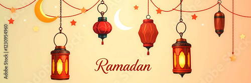 Ramadan Lantern with Crescent Moon and Dates Ramadan Serenity, Minimalist Mosque, Lanterns, and Stars Illustration for Background