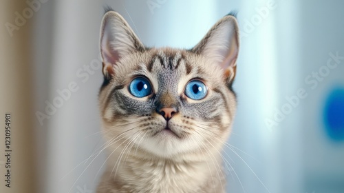 Cute Cat with Blue Eyes Looking Curiously at the Camera