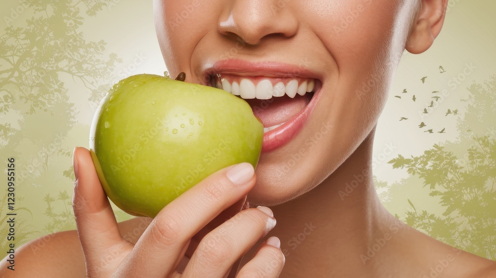 A smiling woman of mixed ethnicity holds a green apple close to her mouth, embodying health and freshness against a soft, nature-inspired background. A smiling woman of mixed ethnicity holds a green apple close to her mouth, embodying health and freshness against a soft, nature-inspired background.