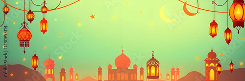 Ramadan Lantern with Crescent Moon and Dates Ramadan Serenity, Minimalist Mosque, Lanterns, and Stars Illustration for Background