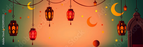 Ramadan Lantern with Crescent Moon and Dates Ramadan Serenity, Minimalist Mosque, Lanterns, and Stars Illustration for Background