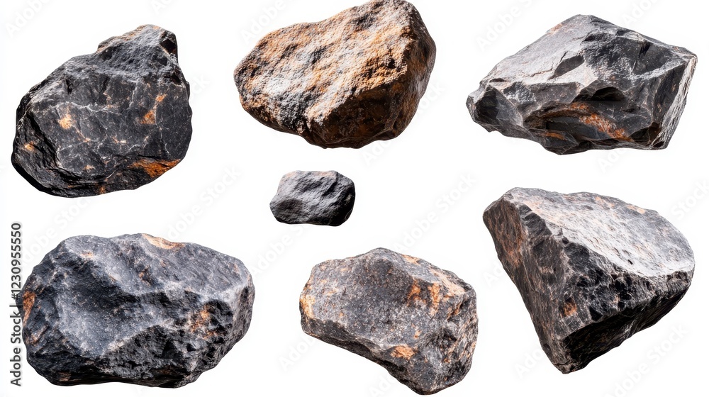Various Dark Textured Rocks with Unique Patterns and Shapes Various Dark Textured Rocks with Unique Patterns and Shapes