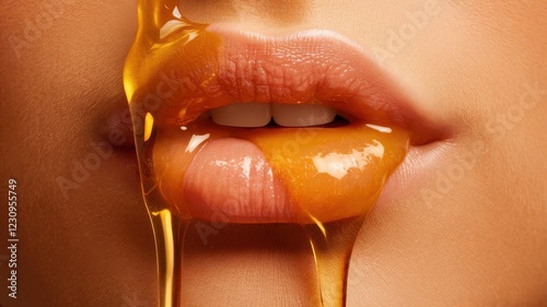 Close-up of female lips with honey dripping down, creating a sensual and vibrant image that evokes sweetness and allure.