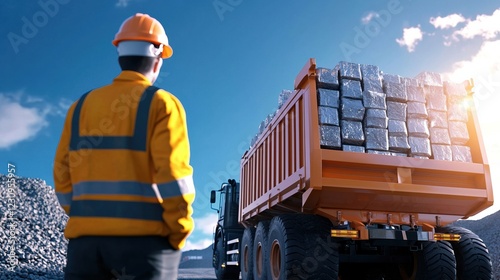 Engineer worker back view standing beside a haul truck loaded with minerals at a mine