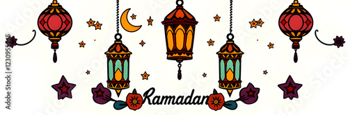 Ramadan Lantern with Crescent Moon and Dates Ramadan Serenity, Minimalist Mosque, Lanterns, and Stars Illustration for Background