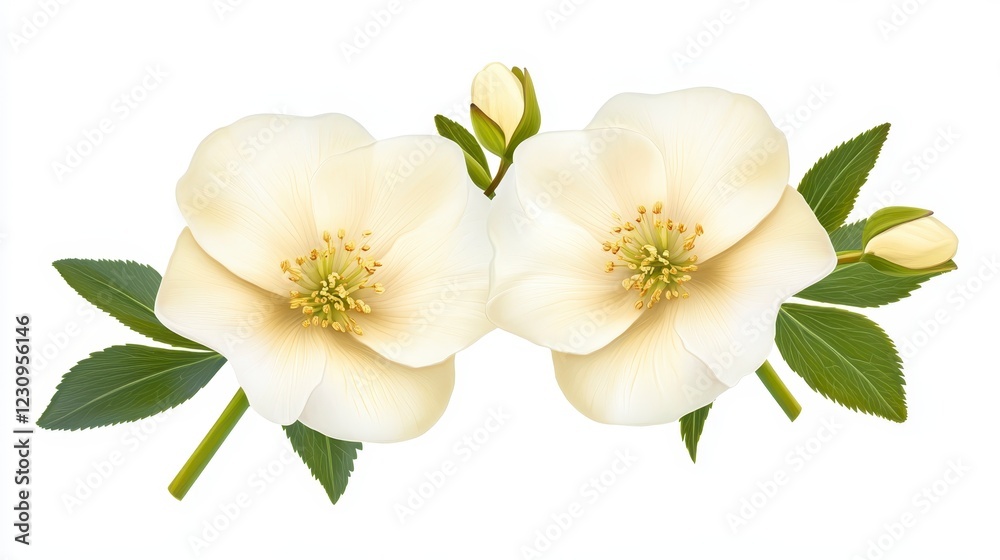 Obraz premium Beautiful White Flowers with Green Leaves and Buds on White Background