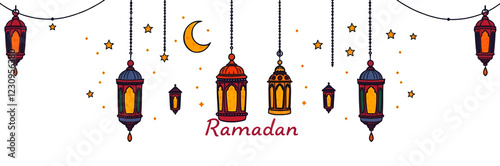Ramadan Lantern with Crescent Moon and Dates Ramadan Serenity, Minimalist Mosque, Lanterns, and Stars Illustration for Background