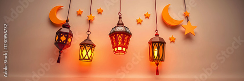 Ramadan Lantern with Crescent Moon and Dates Ramadan Serenity, Minimalist Mosque, Lanterns, and Stars Illustration for Background