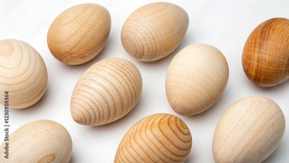 Scattered Wooden Eggs on White Surface Scattered Wooden Eggs on White Surface