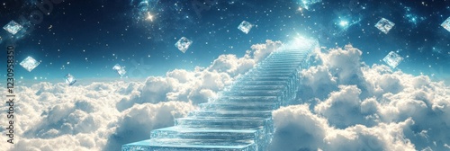 Celestial Stairway to Enlightenment: A Dreamlike Ascent Through Clouds and Crystals photo