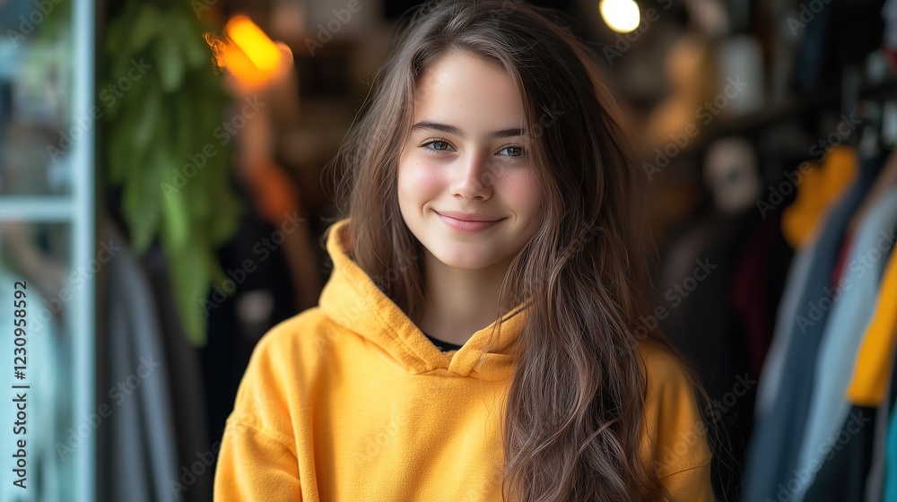 Fototapeta premium Portrait of a smiling teenage girl in a yellow hoodie, youthful confidence, casual style
