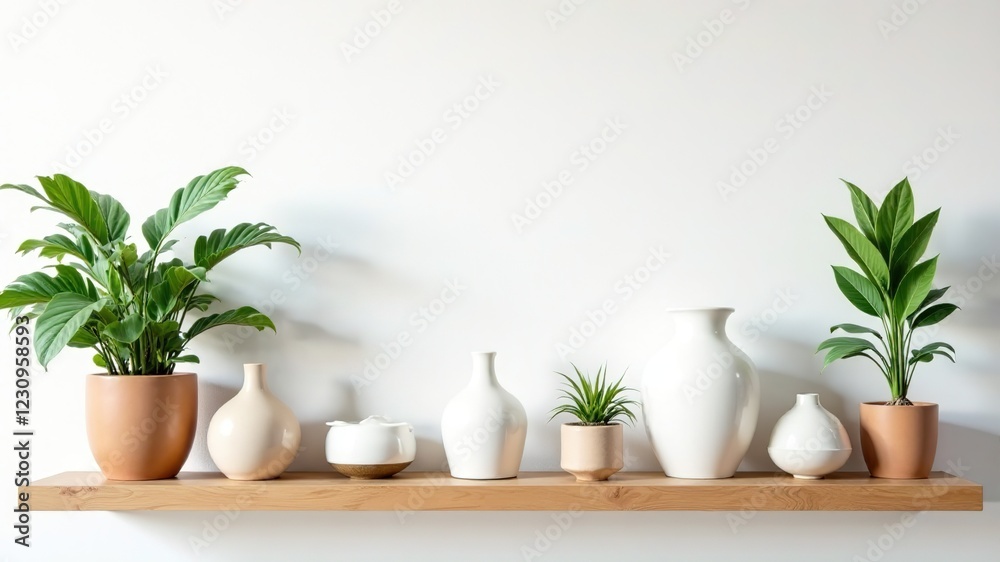 Wooden Shelf Display Mockup with Plants and Vases Wooden Shelf Display Mockup with Plants and Vases