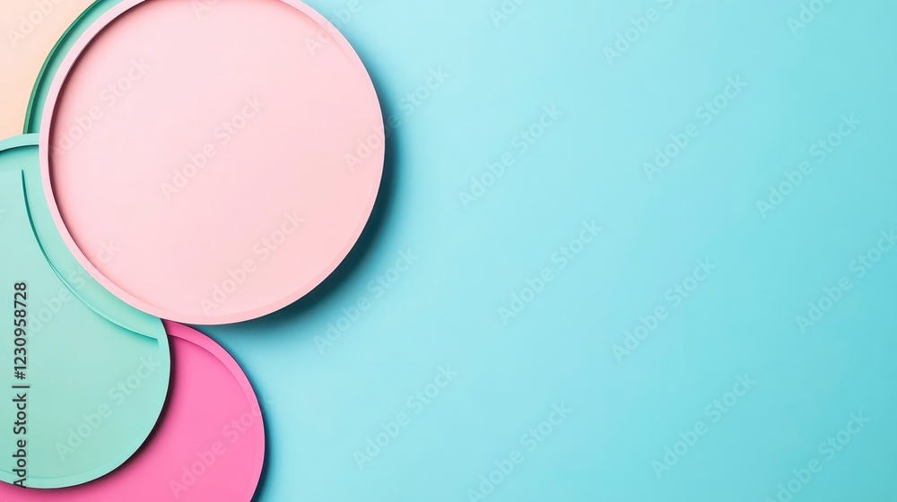 Colorful Circular Plates on a Light Blue Surface in Pastel Tones Colorful Circular Plates on a Light Blue Surface in Pastel Tones