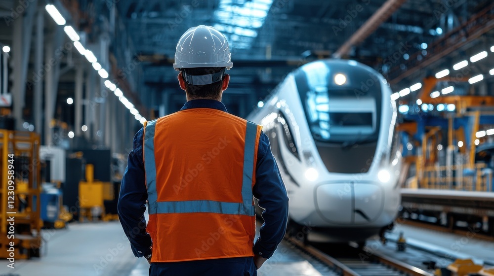Engineer worker back view walking near a high-speed train during maintenance procedures at a depot - Engineer worker back view walking near a high-speed train during maintenance procedures at a depot -
