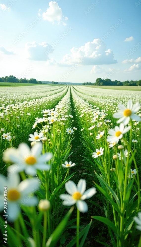 A field of white flowers stretching towards the horizon, endless fields, countryside, white blooms A field of white flowers stretching towards the horizon, endless fields, countryside, white blooms