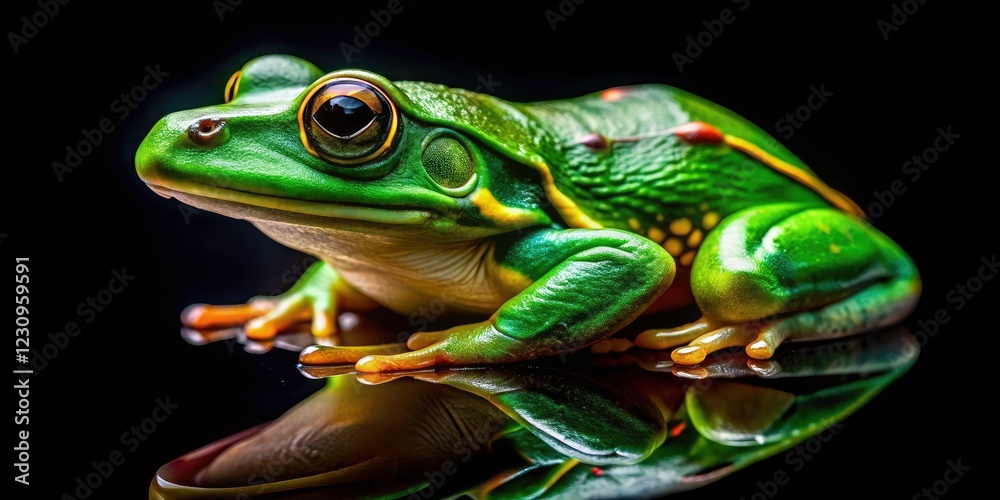 Macro photography reveals a green frog's intricate details, silhouetted against the night. Macro photography reveals a green frog's intricate details, silhouetted against the night.