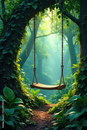 Fototapeta Naklejka Na Ścianę i Meble -  A jungle scene with a forest swing nestled among the dense undergrowth of vines and creepers, wild, foliage