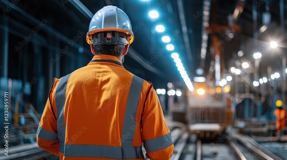Engineer worker back view walking through a rail tunnel under construction with safety lights illuminating the space Engineer worker back view walking through a rail tunnel under construction with safety lights illuminating the space
