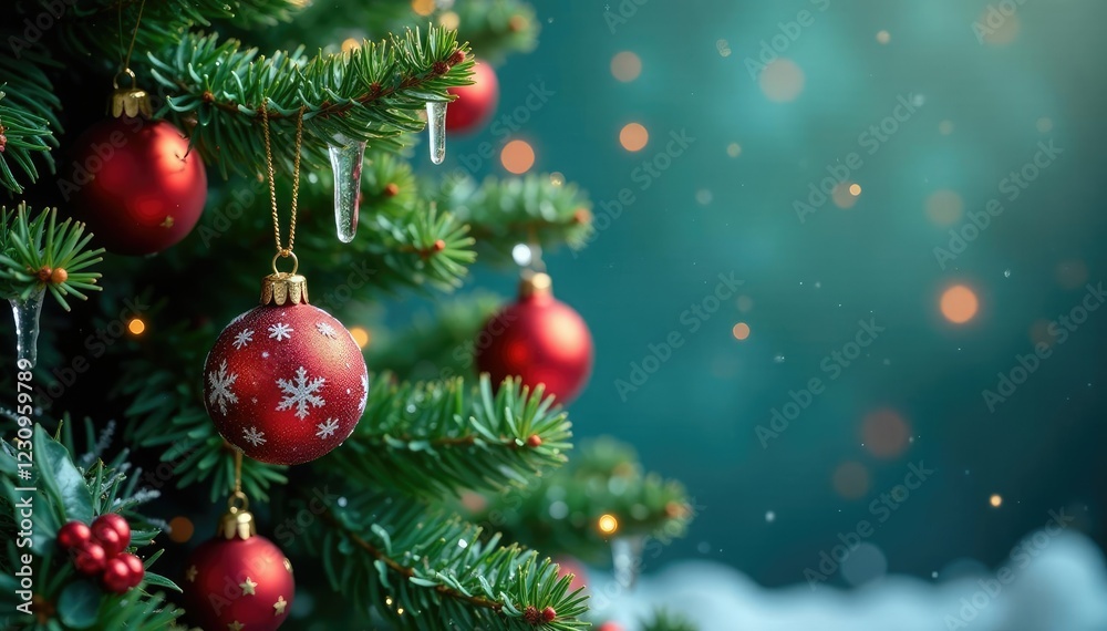 A lush green Christmas tree adorned with sparkling snowflake-shaped icicles and colorful ornaments, icicles, sparkles, holly A lush green Christmas tree adorned with sparkling snowflake-shaped icicles and colorful ornaments, icicles, sparkles, holly