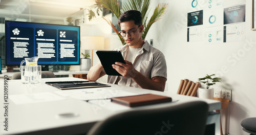 Project, creative or man on tablet in startup for analytics report, analysis or online research. Engagement, tech or content strategist reading digital marketing trends or social media app growth
