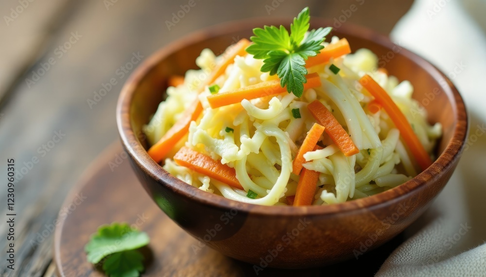Coleslaw mix with shredded cabbage and carrots in a wooden bowl, bowl, wooden Coleslaw mix with shredded cabbage and carrots in a wooden bowl, bowl, wooden