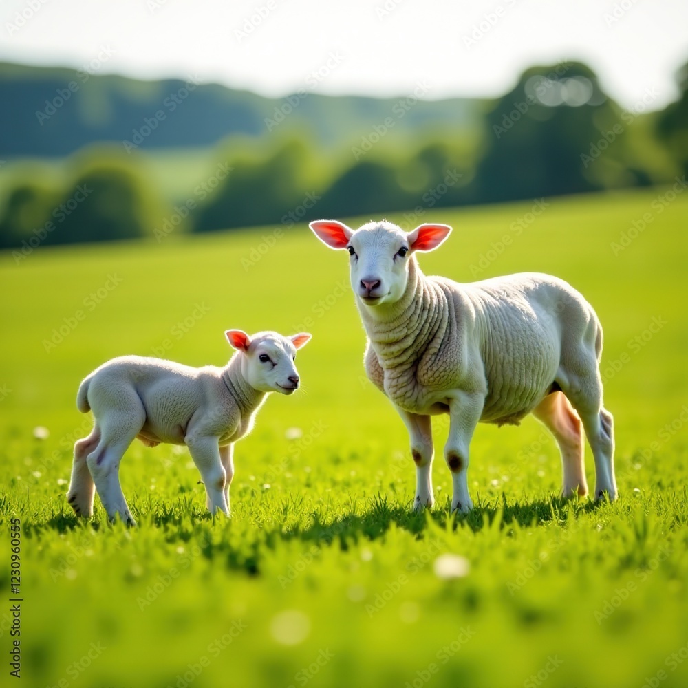 Kerry Hill Sheep and Lambs on Pasture - Sunny Farm Scene Kerry Hill Sheep and Lambs on Pasture - Sunny Farm Scene