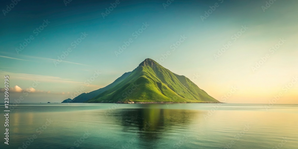 Minimalist Seascape: Green Mountain, Ocean View, Coastal Serenity, Beach Panorama Minimalist Seascape: Green Mountain, Ocean View, Coastal Serenity, Beach Panorama