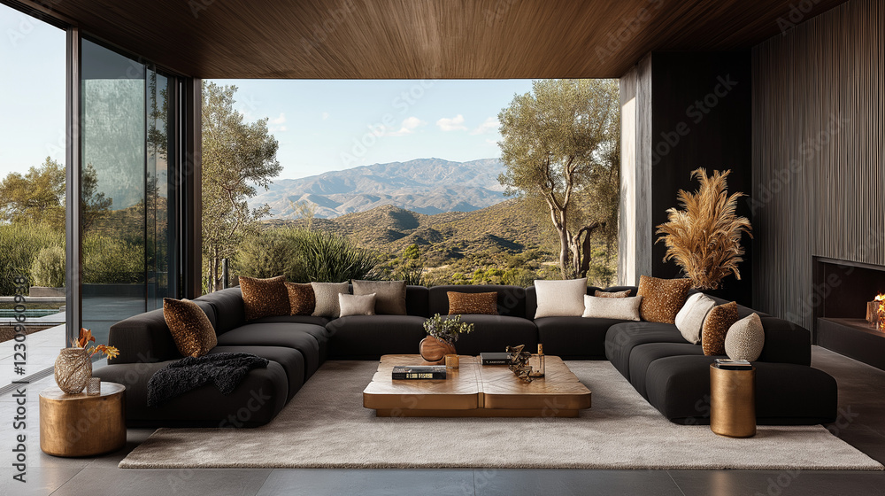 Fototapeta premium Modern Sectional Sofa with Mountain View: A contemporary sectional sofa in a sleek black fabric rests in a spacious living room with a large window offering a panoramic view of distant mountains.
