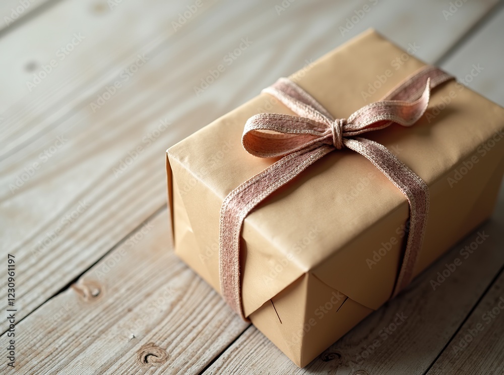 Gift Box on Wooden Table - Kraft Paper Wrap - High Resolution Gift Box on Wooden Table - Kraft Paper Wrap - High Resolution