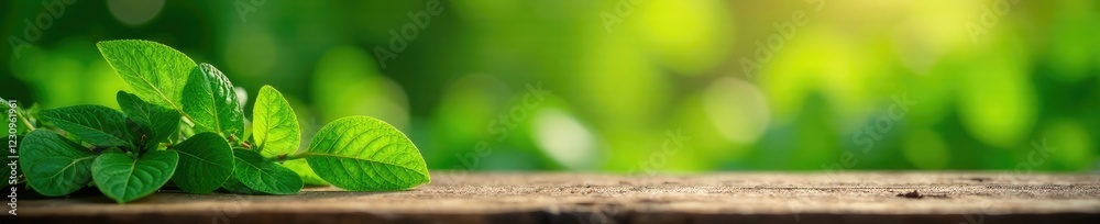 Obraz premium Forget me nots on a wooden table with green leaves, farm, table, plants