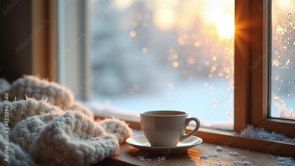 Cozy Winter Sweater & Tea by Frosty Window Cozy Winter Sweater & Tea by Frosty Window